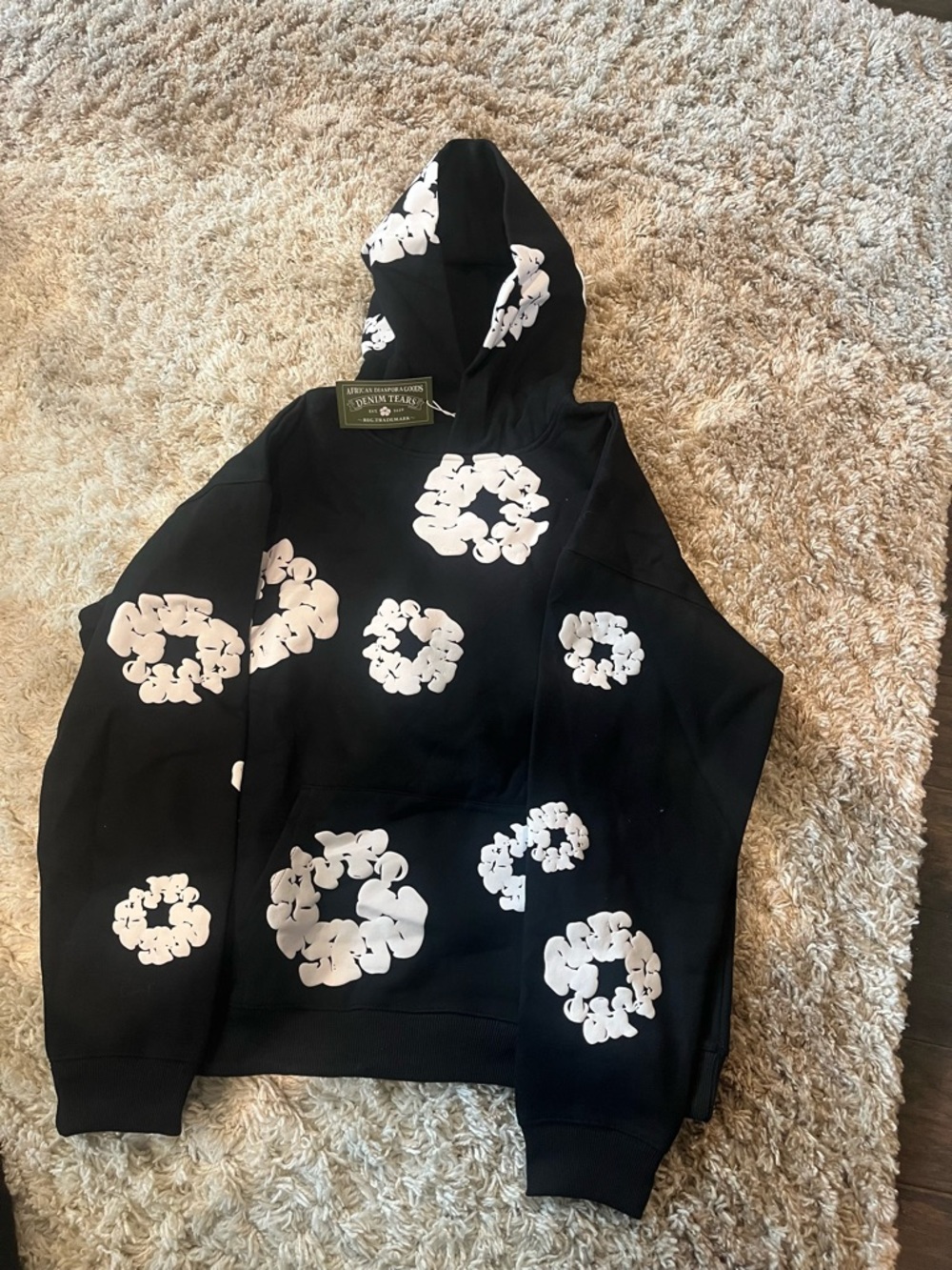 Black Hoodie with White Floral Clusters - Brand: Unknown